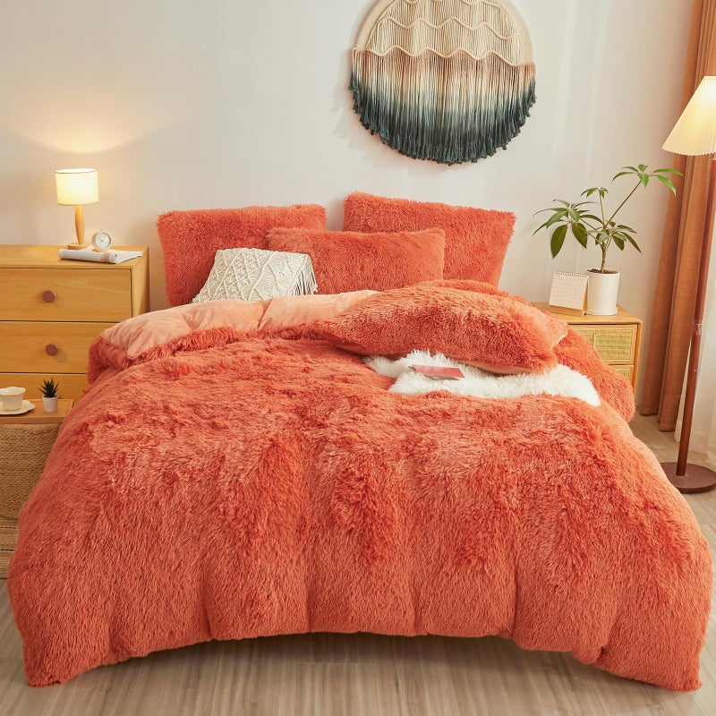 Besfunny Furry Fluffy Terracotta Comforter Cover Queen Set - Faux Fur Furry Terracotta Bedding 3-Piece Set (1 Duvet Cover + 2 Furry Pillow Shams) Cozy Bed Set - Image 1